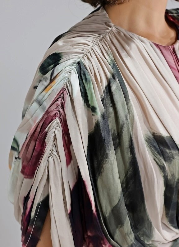 Studio Surbhi Champagne and Red Printed Georgette Satin GownFabilicious Fashion