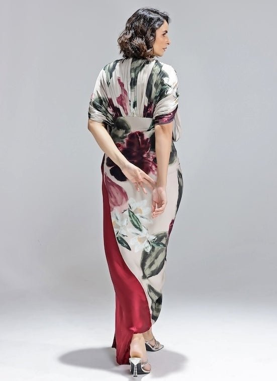 Studio Surbhi Champagne and Red Printed Georgette Satin GownFabilicious Fashion