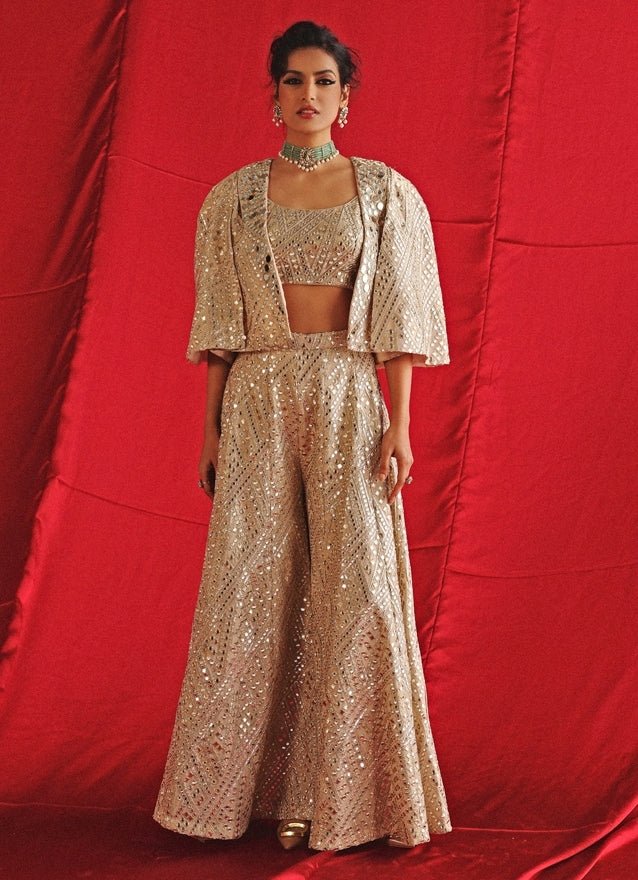 Champagne Blouse Sharara Set With Mirrorwork Cape Twenty Nine - Fabilicious Fashion