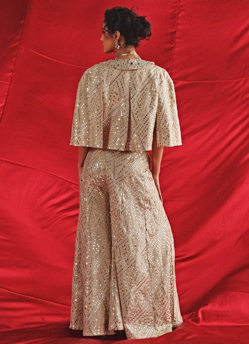 Champagne Blouse Sharara Set With Mirrorwork Cape Twenty Nine - Fabilicious Fashion