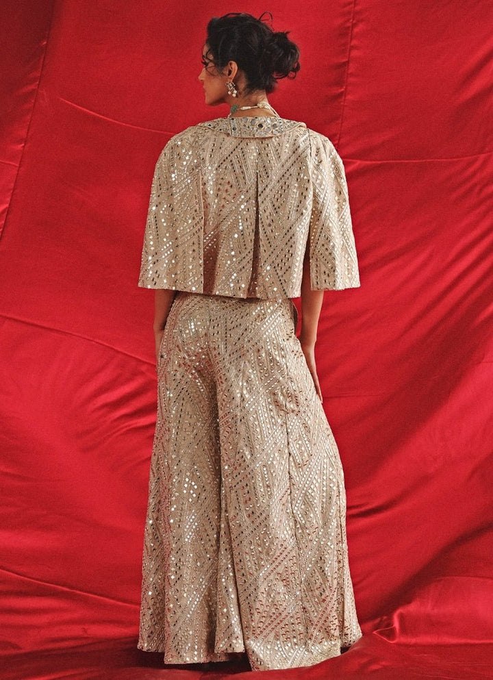 Champagne Blouse Sharara Set With Mirrorwork Cape Twenty Nine - Fabilicious Fashion