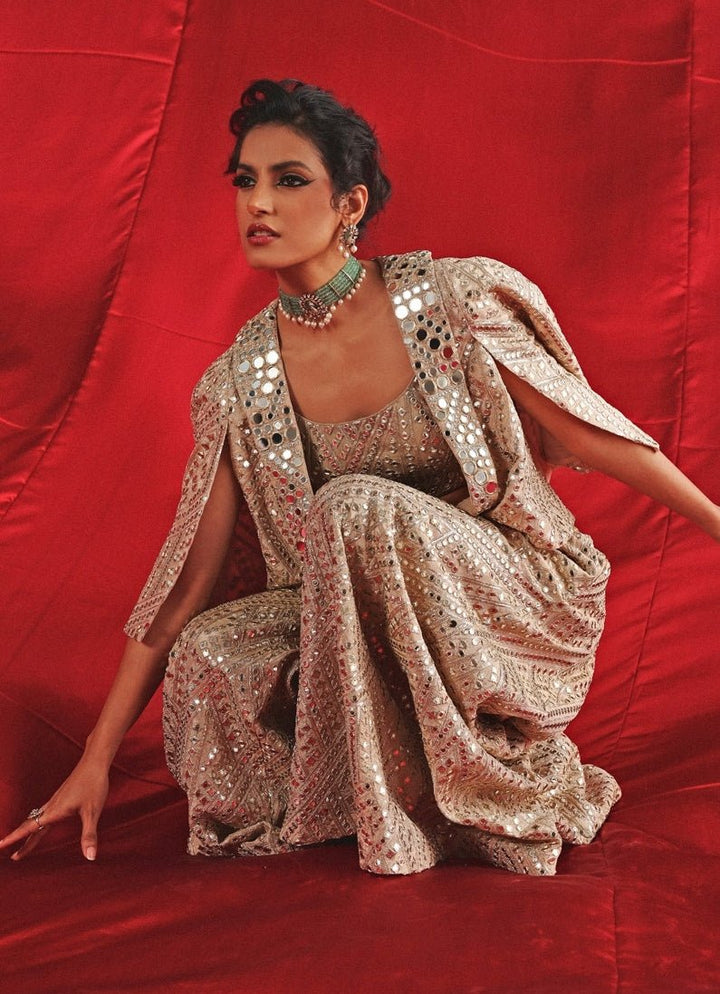 Champagne Blouse Sharara Set With Mirrorwork Cape Twenty Nine - Fabilicious Fashion