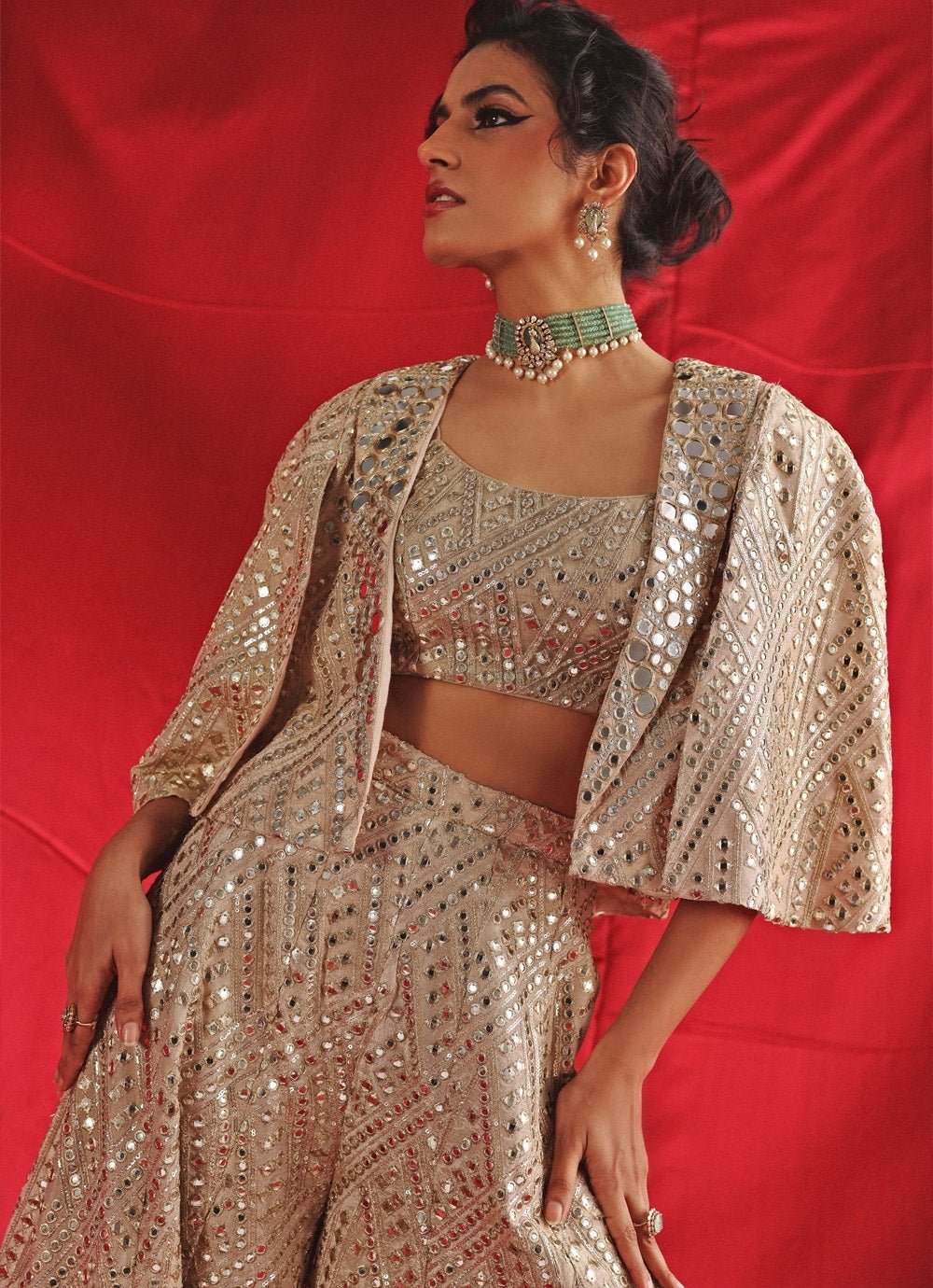 Champagne Blouse Sharara Set With Mirrorwork Cape Twenty Nine - Fabilicious Fashion