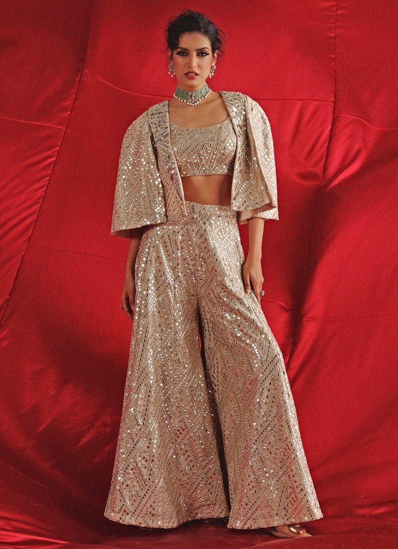 Champagne Blouse Sharara Set With Mirrorwork Cape Twenty Nine - Fabilicious Fashion