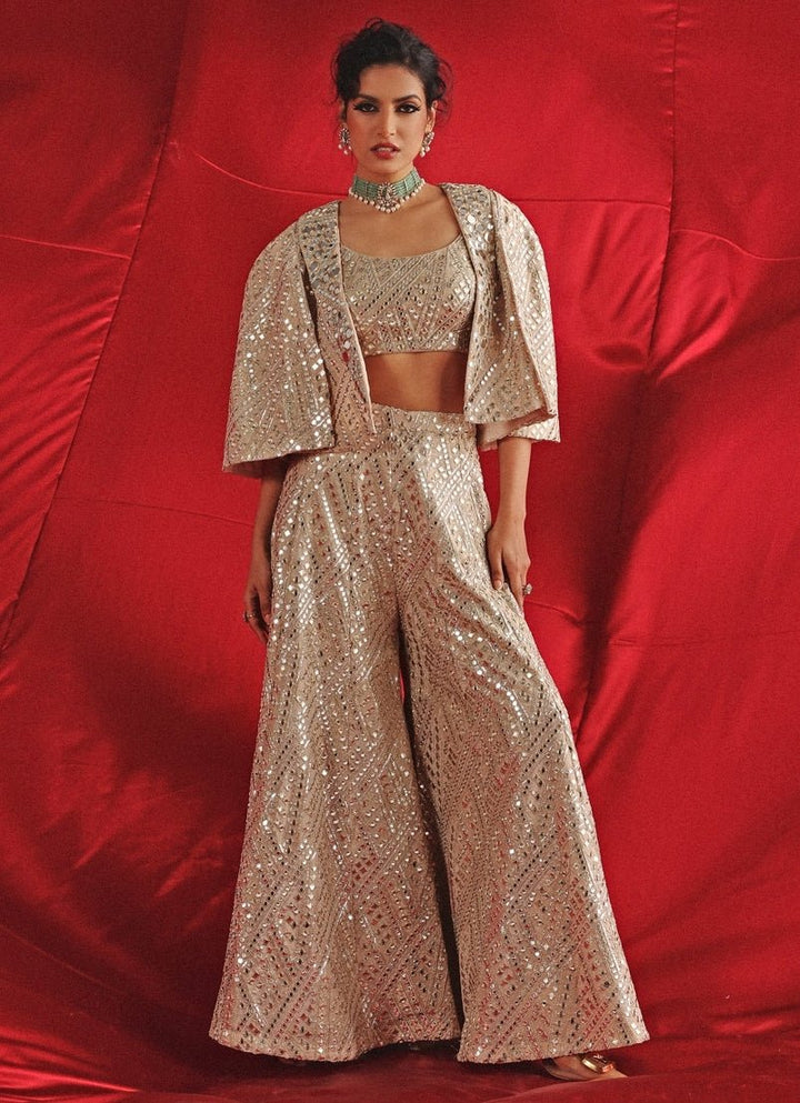 Champagne Blouse Sharara Set With Mirrorwork Cape Twenty Nine - Fabilicious Fashion