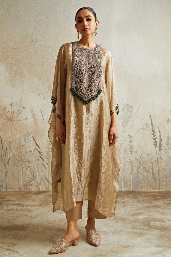 Champagne crushed tissue kaftan pants set for wedding ceremony or reception by Prisho