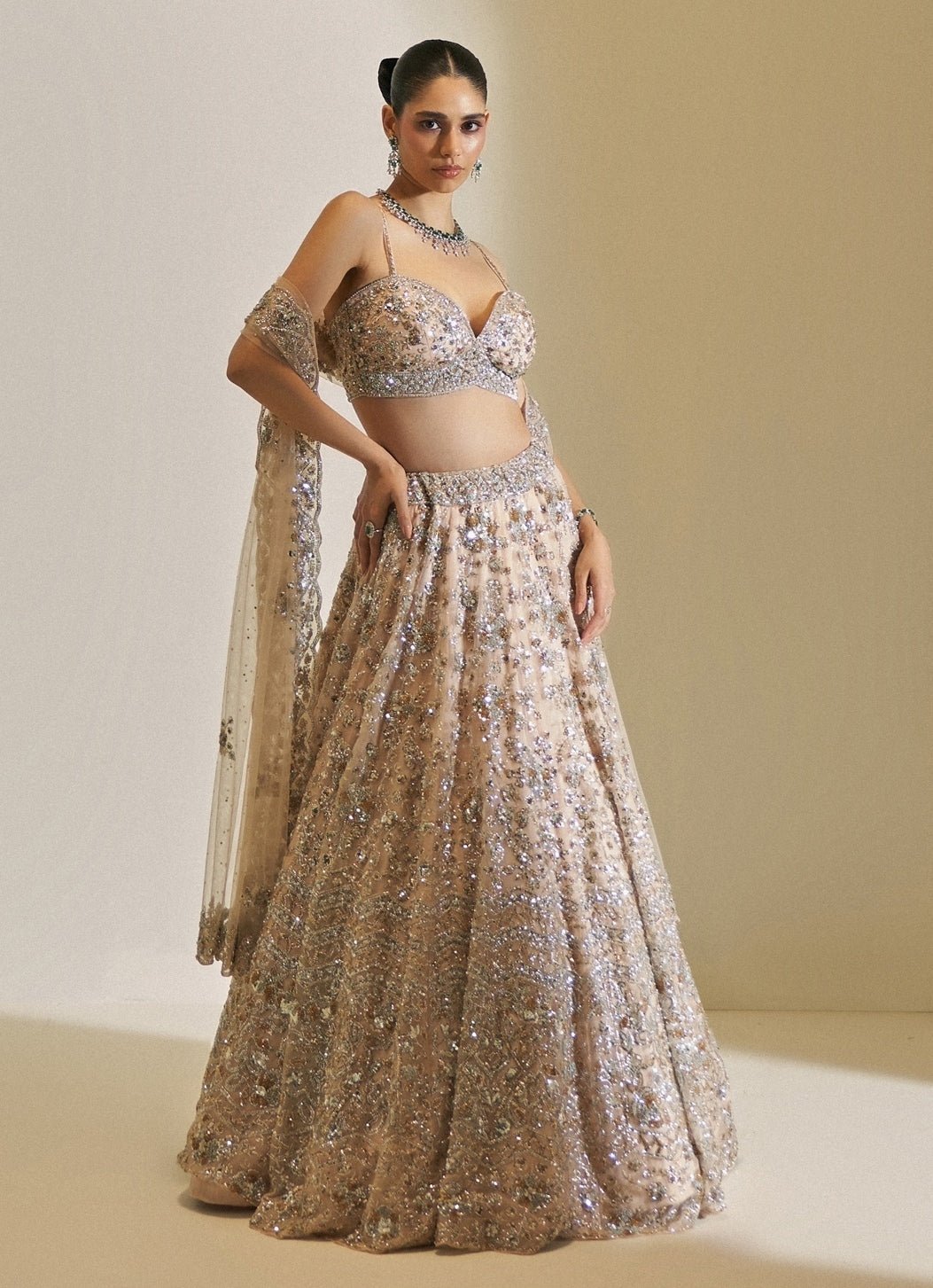Champagne Crystal Embroidered Lehenga Se Angad Singh - Fabilicious Fashion