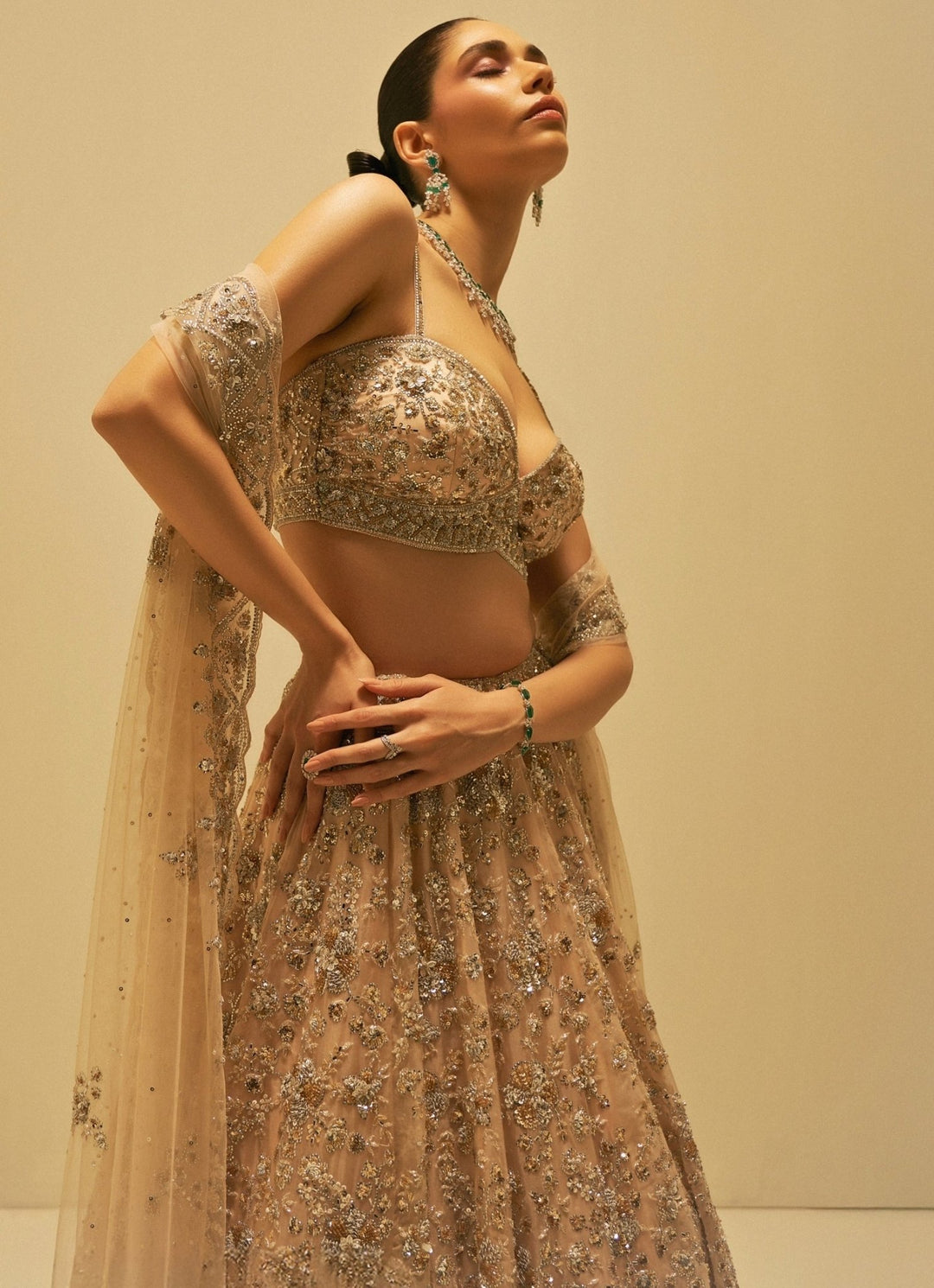 Champagne Crystal Embroidered Lehenga Se Angad Singh - Fabilicious Fashion