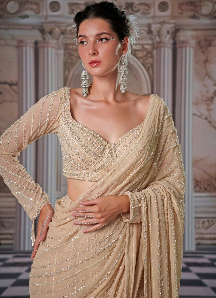 Champagne Draped And Embroidered Georgette Saree Nidhika Shekhar - Fabilicious Fashion