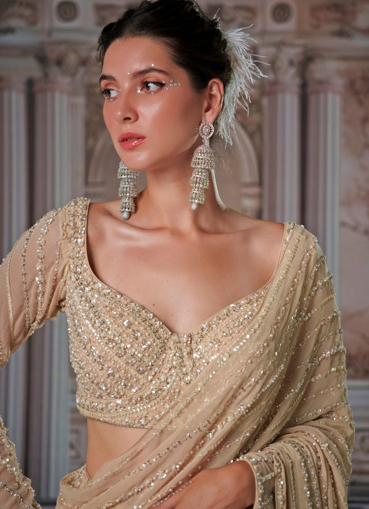 Champagne Draped And Embroidered Georgette Saree Nidhika Shekhar - Fabilicious Fashion