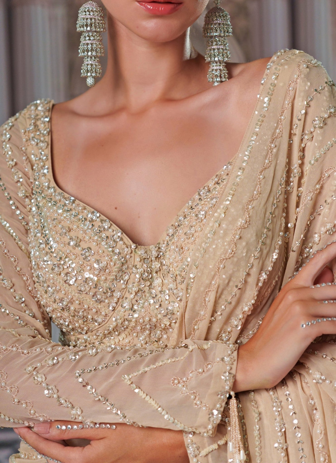 Champagne Draped And Embroidered Georgette Saree Nidhika Shekhar - Fabilicious Fashion