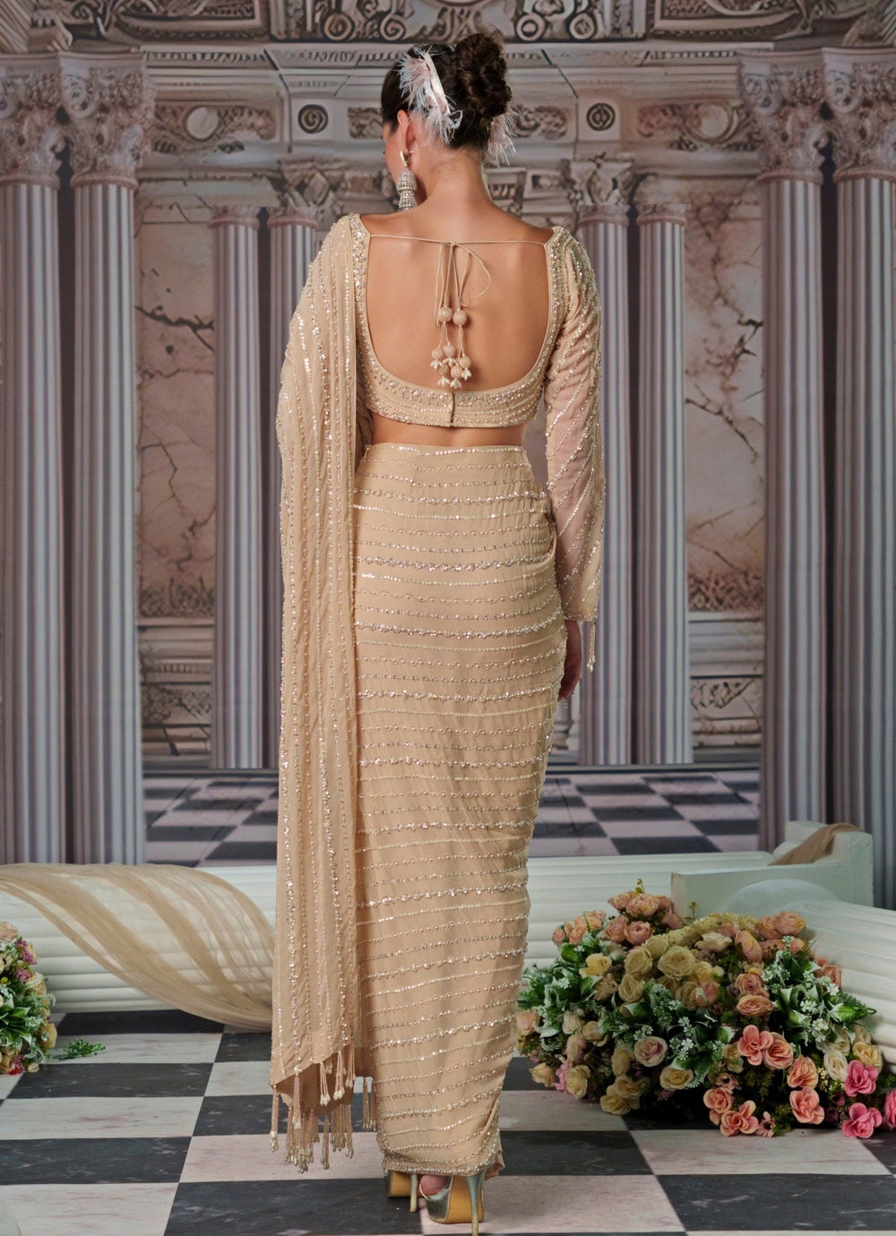 Champagne Draped And Embroidered Georgette Saree Nidhika Shekhar - Fabilicious Fashion