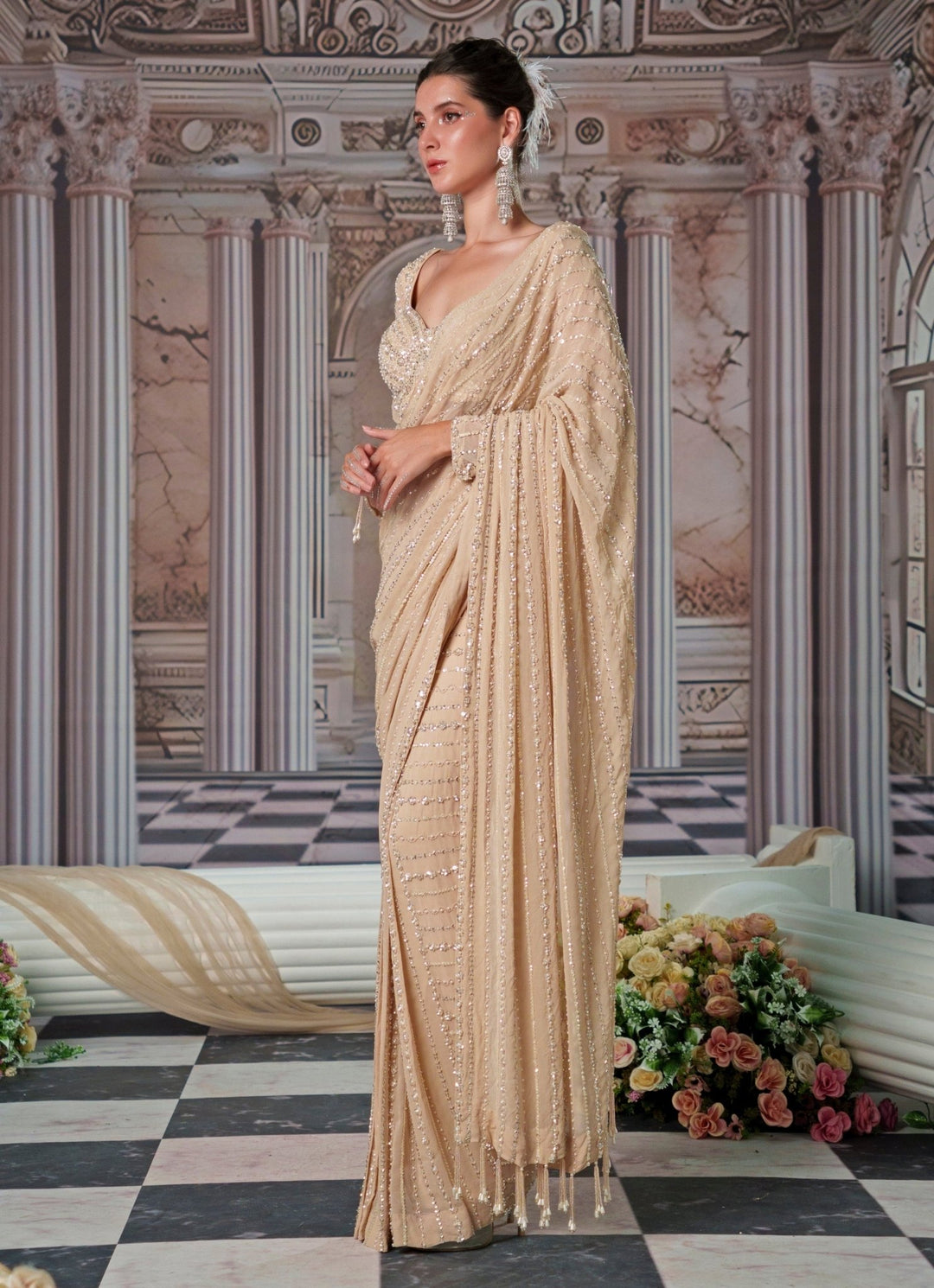 Champagne Draped And Embroidered Georgette Saree Nidhika Shekhar - Fabilicious Fashion