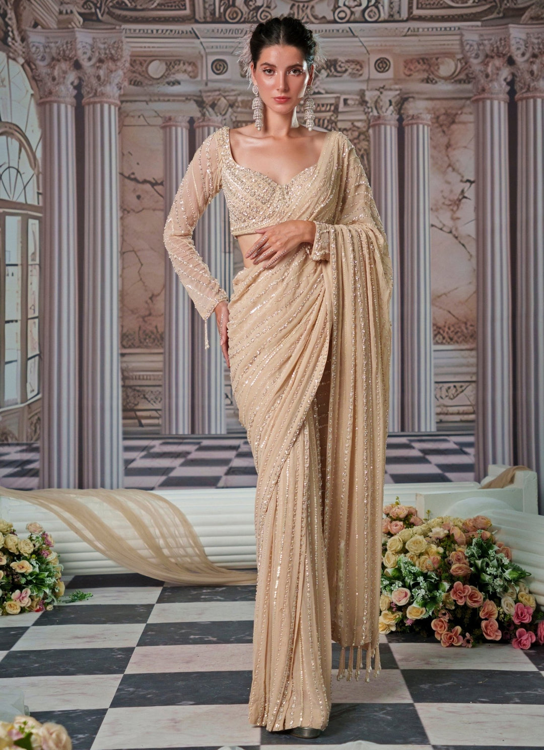 Champagne Draped And Embroidered Georgette Saree Nidhika Shekhar - Fabilicious Fashion
