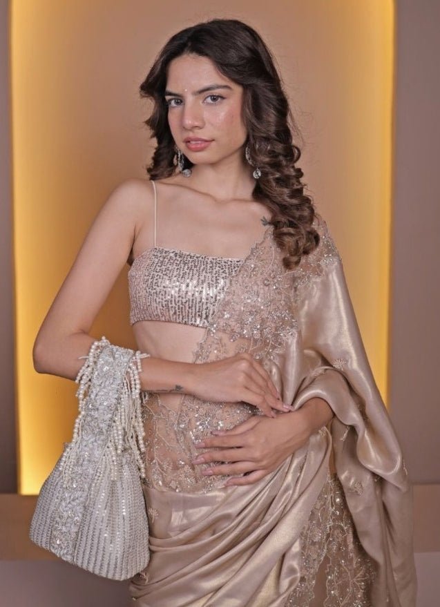 Champagne Embellished Bucket Bag AMYRA - Fabilicious Fashion