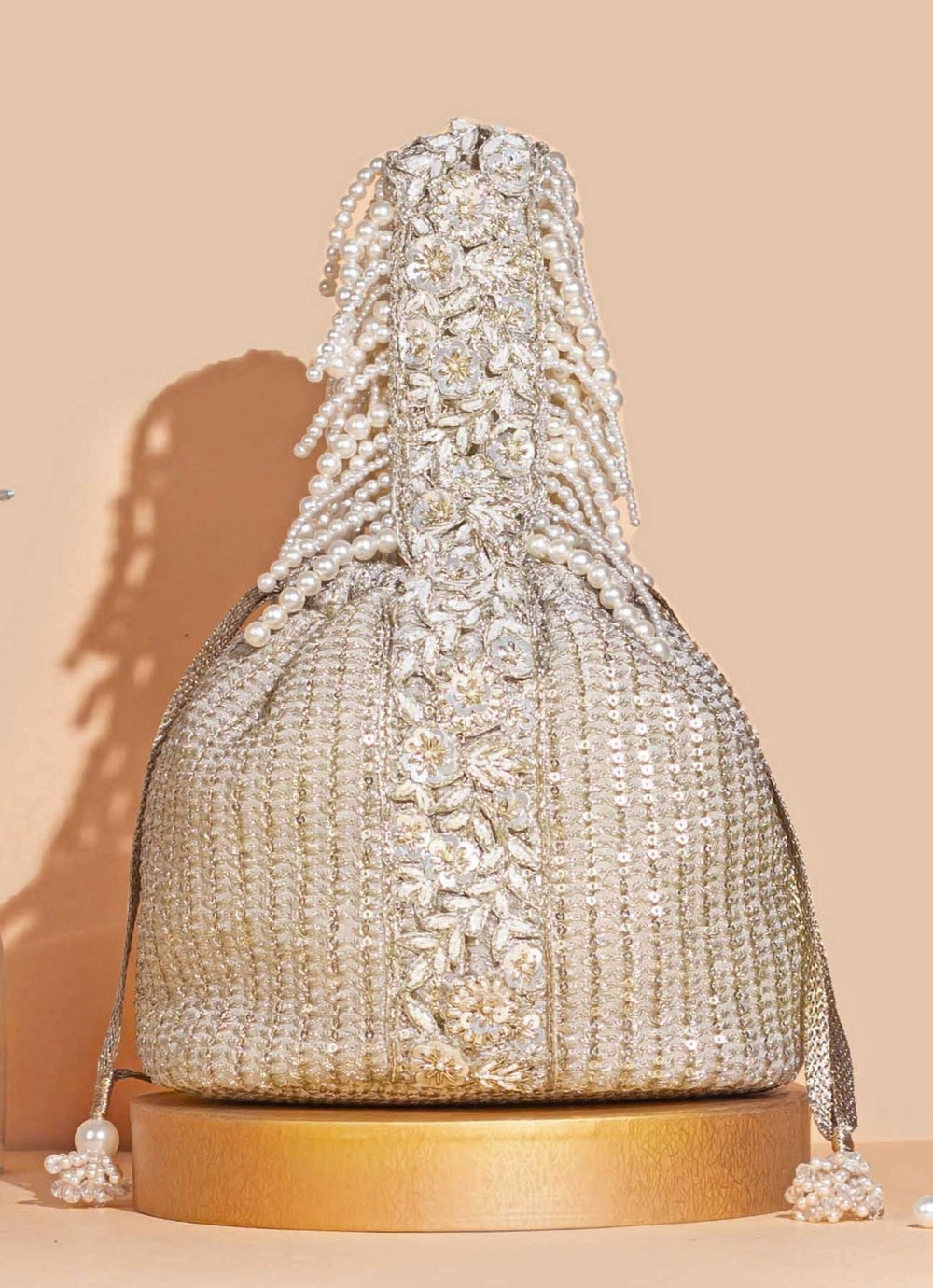 Champagne Embellished Bucket Bag AMYRA - Fabilicious Fashion