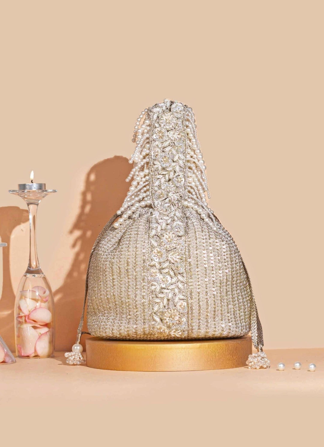 Champagne Embellished Bucket Bag AMYRA - Fabilicious Fashion