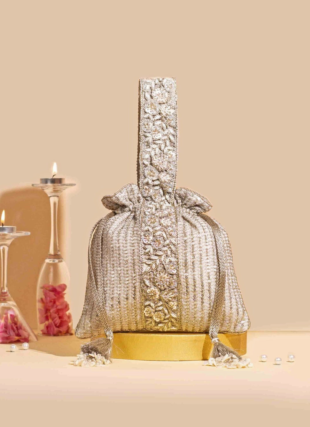 Champagne Embellished Potli AMYRA - Fabilicious Fashion