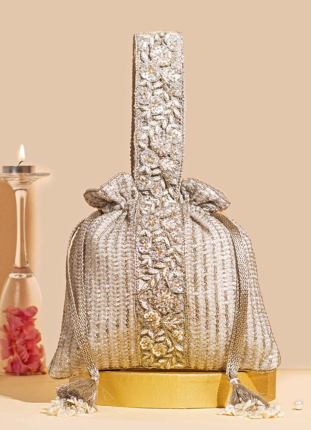 Champagne Embellished Potli AMYRA - Fabilicious Fashion