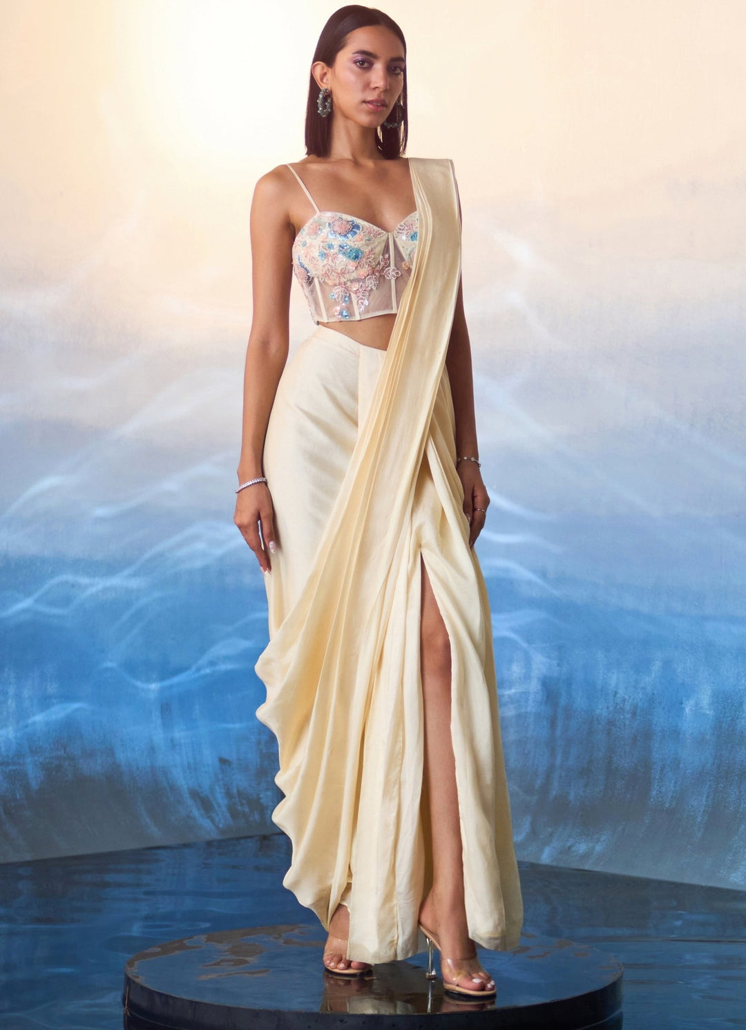 Champagne Embellished Silk Drape Saree Angad Singh - Fabilicious Fashion