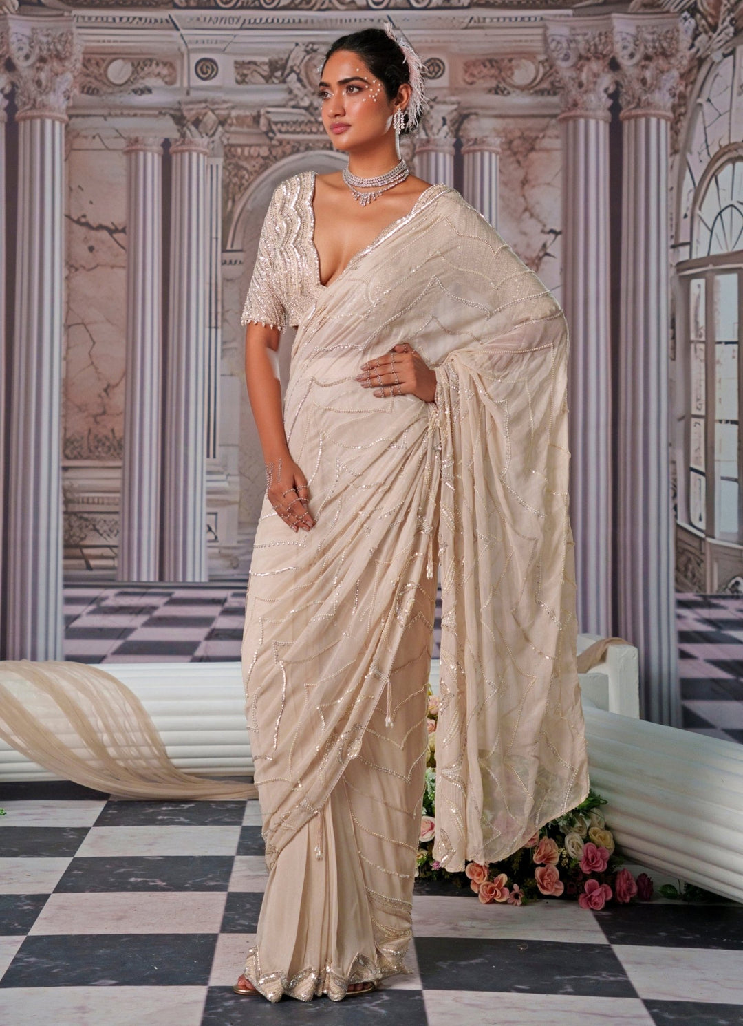 Champagne Embroidered Georgette Saree Nidhika Shekhar - Fabilicious Fashion