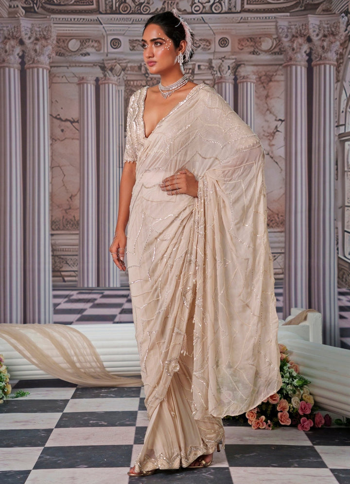 Champagne Embroidered Georgette Saree Nidhika Shekhar - Fabilicious Fashion