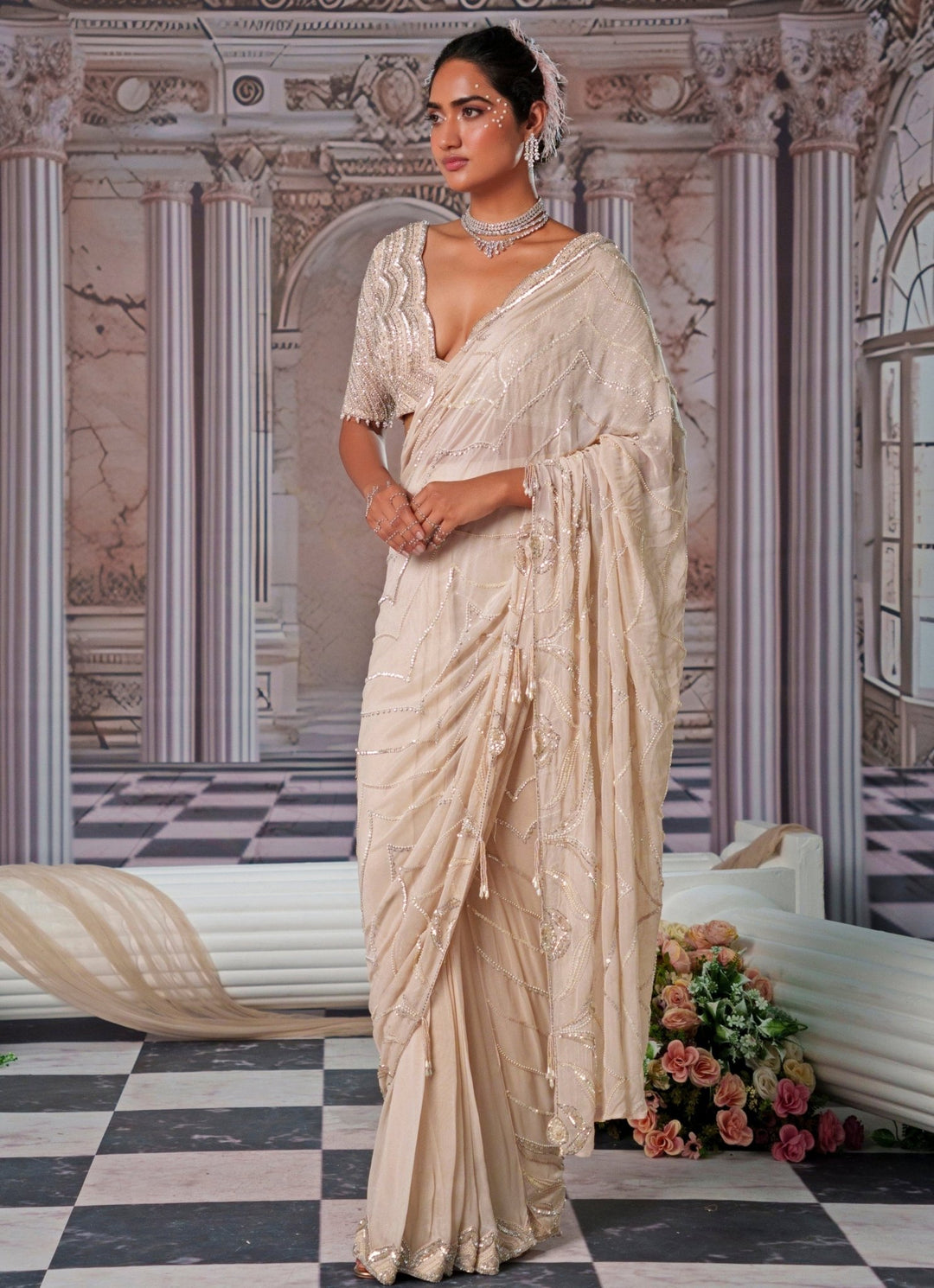 Champagne Embroidered Georgette Saree Nidhika Shekhar - Fabilicious Fashion