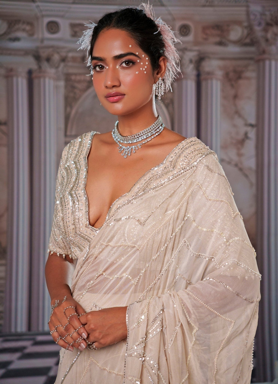 Champagne Embroidered Georgette Saree Nidhika Shekhar - Fabilicious Fashion