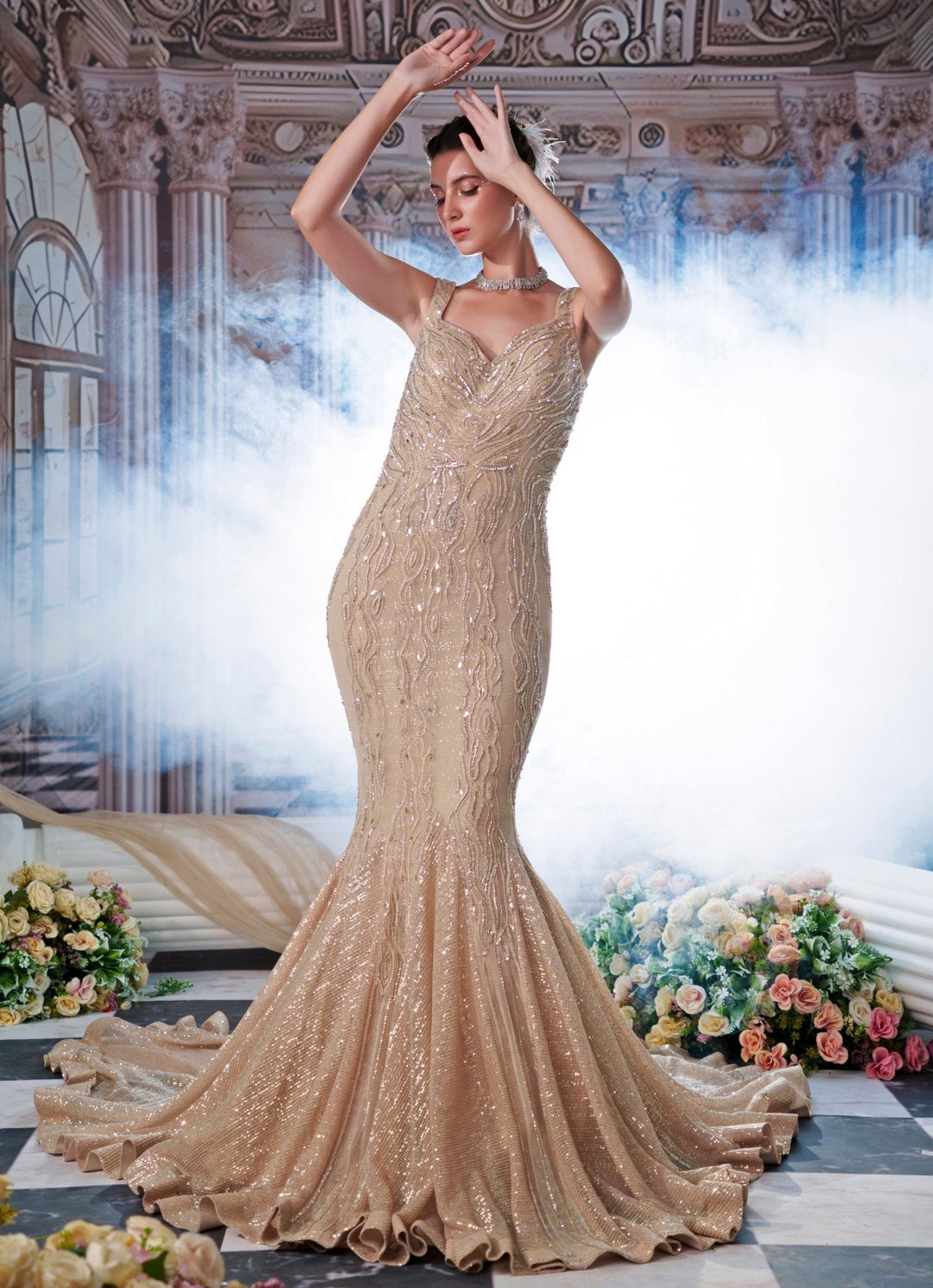 Champagne Embroidered Mermaid Gown Nidhika Shekhar - Fabilicious Fashion