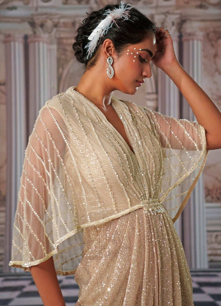 Champagne Embroidered Shimmer Gown Nidhika Shekhar - Fabilicious Fashion