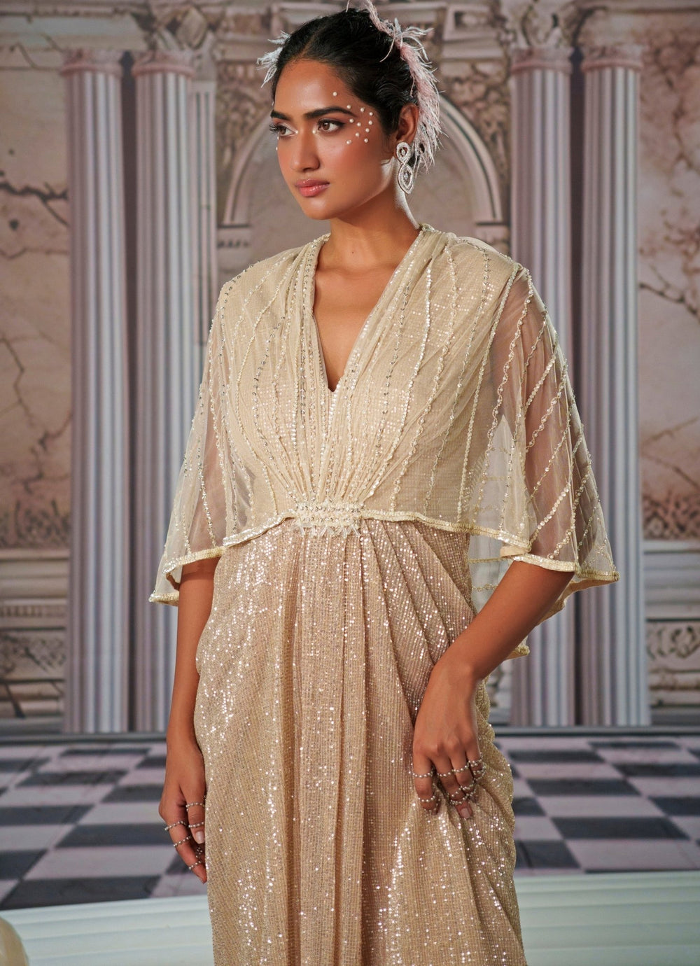 Champagne Embroidered Shimmer Gown Nidhika Shekhar - Fabilicious Fashion