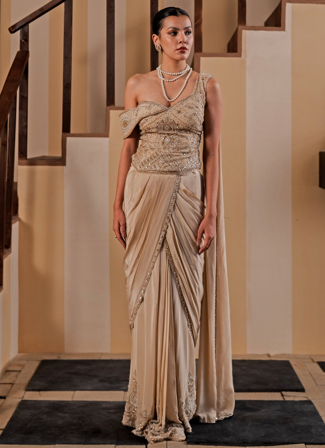 Jade by Ashima Champagne Gold Crepe Concept Saree With CorsetFabilicious Fashion