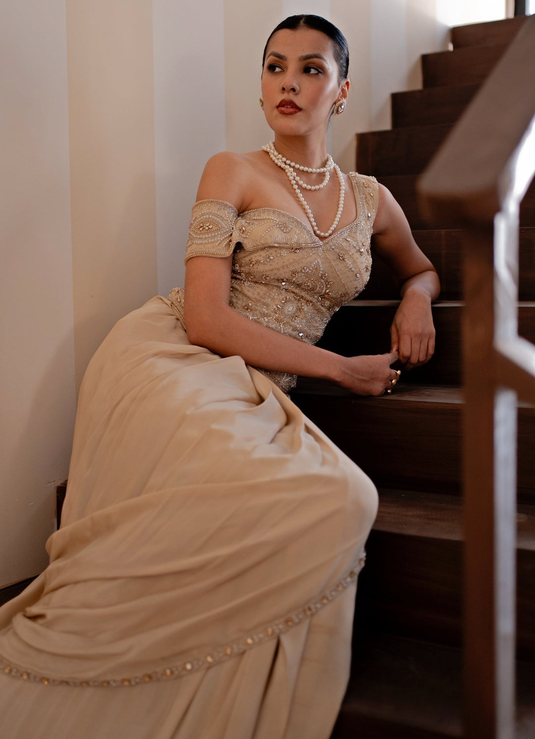 Jade by Ashima Champagne Gold Crepe Concept Saree With CorsetFabilicious Fashion