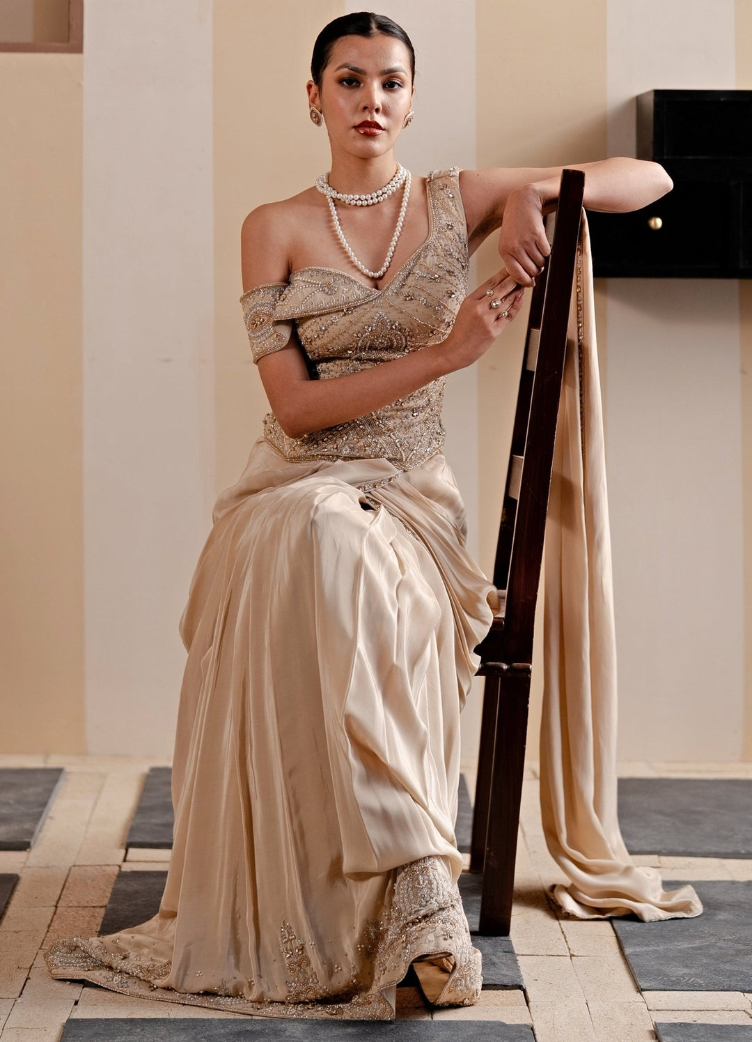 Jade by Ashima Champagne Gold Crepe Concept Saree With CorsetFabilicious Fashion