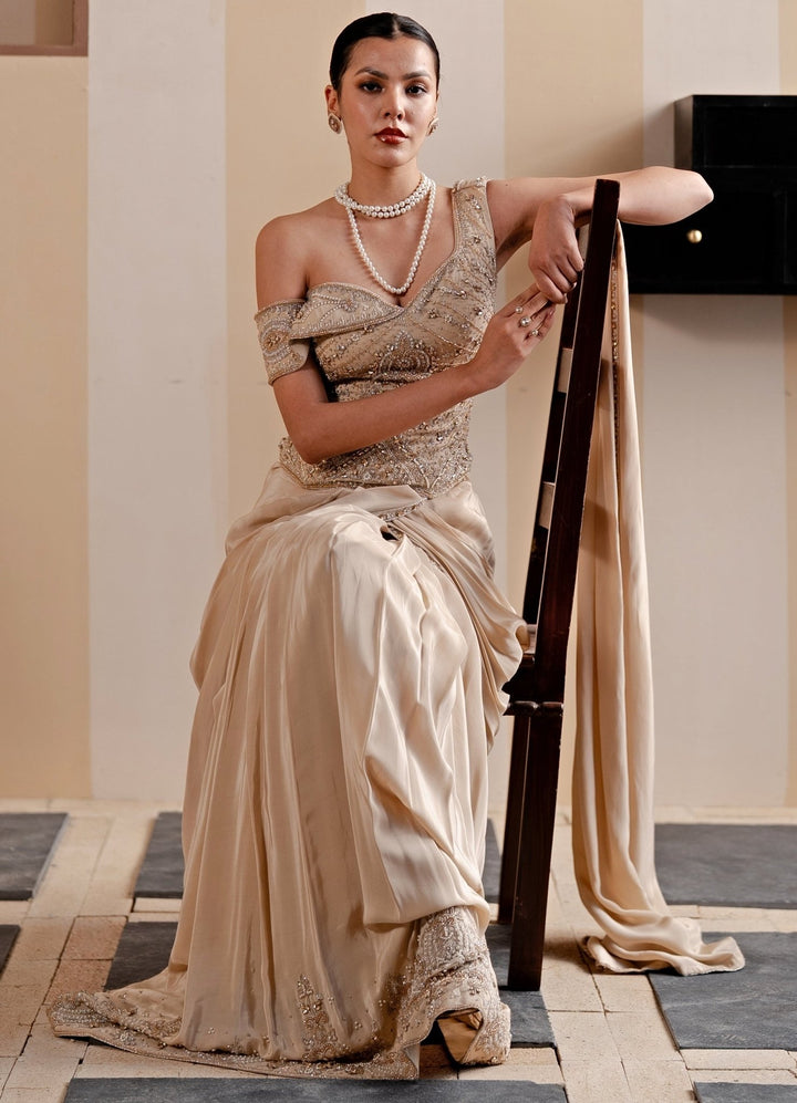 Jade by Ashima Champagne Gold Crepe Concept Saree With CorsetFabilicious Fashion