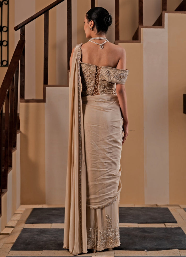 Jade by Ashima Champagne Gold Crepe Concept Saree With CorsetFabilicious Fashion
