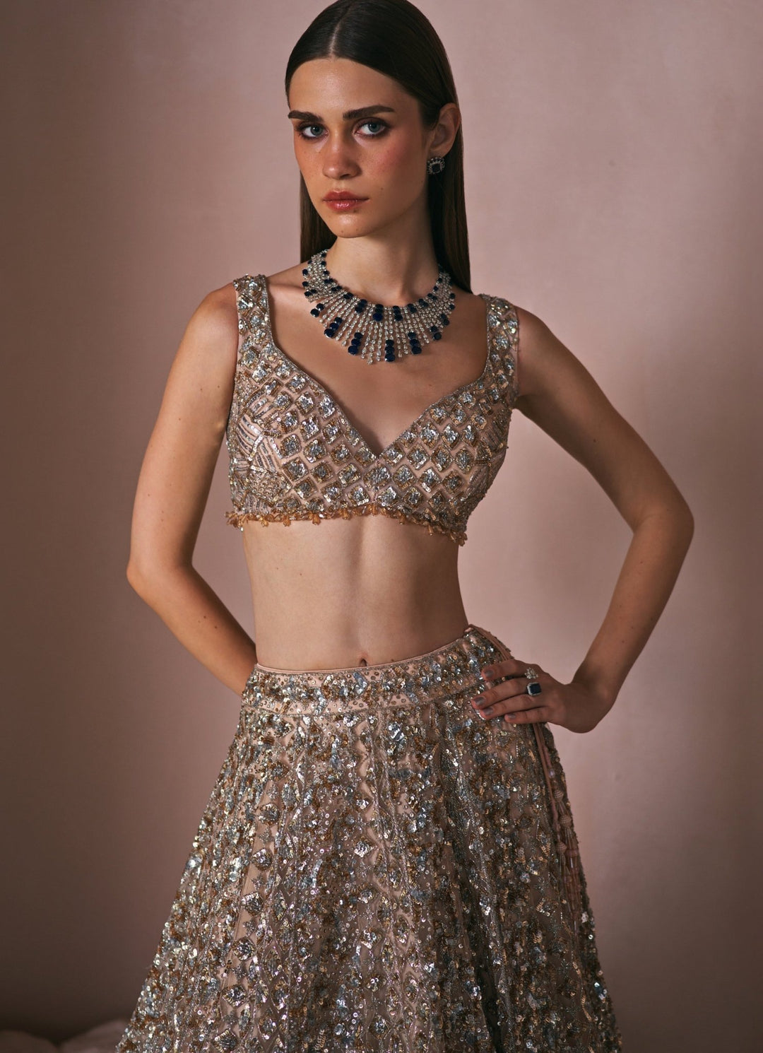 Champagne Gold Crystal Embroidered Lehenga Set Angad Singh - Fabilicious Fashion