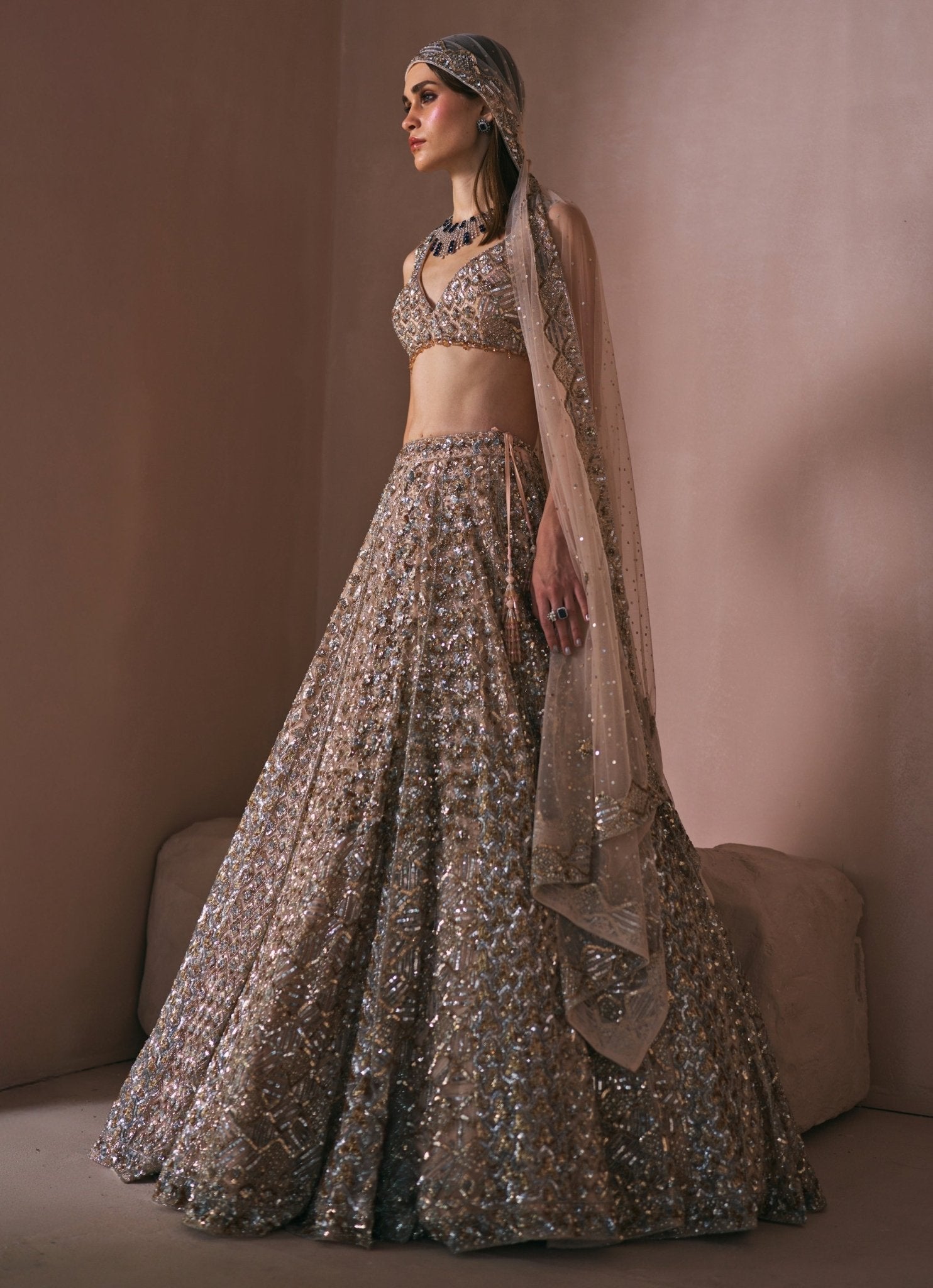 Champagne Gold Crystal Embroidered Lehenga
