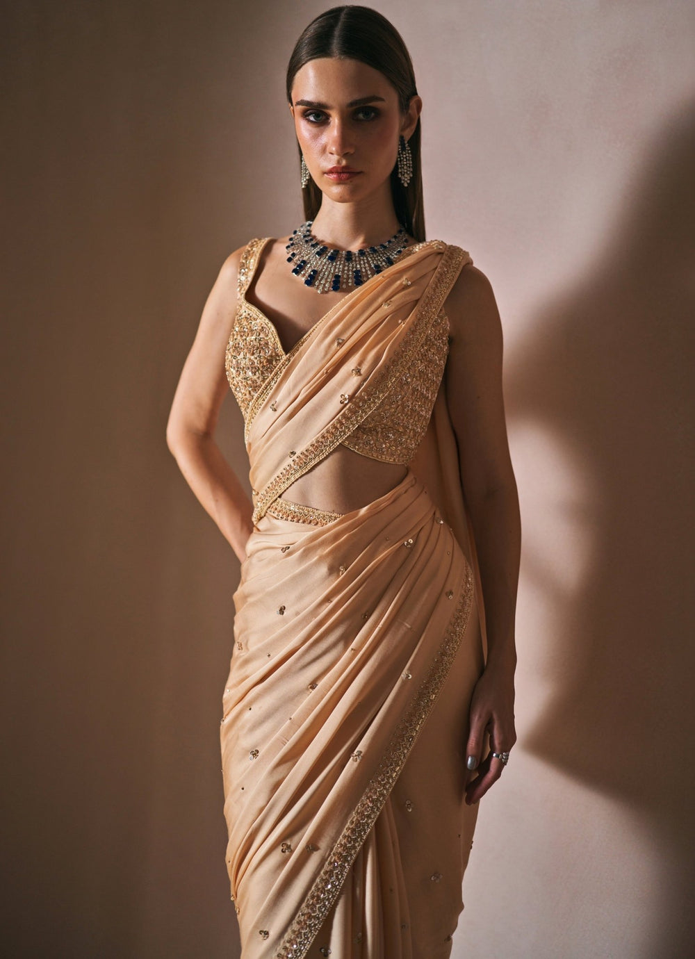 Champagne Gold Embroidered Satin Saree Set Angad Singh - Fabilicious Fashion