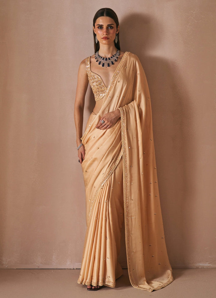 Champagne Gold Embroidered Satin Saree Set Angad Singh - Fabilicious Fashion