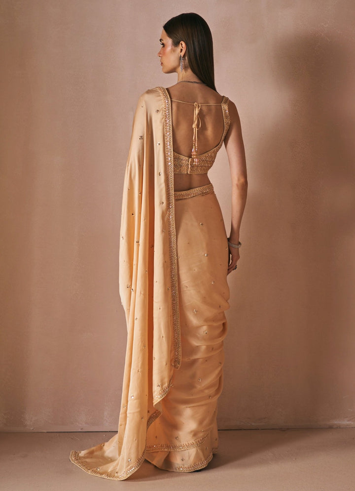 Champagne Gold Embroidered Satin Saree Set Angad Singh - Fabilicious Fashion