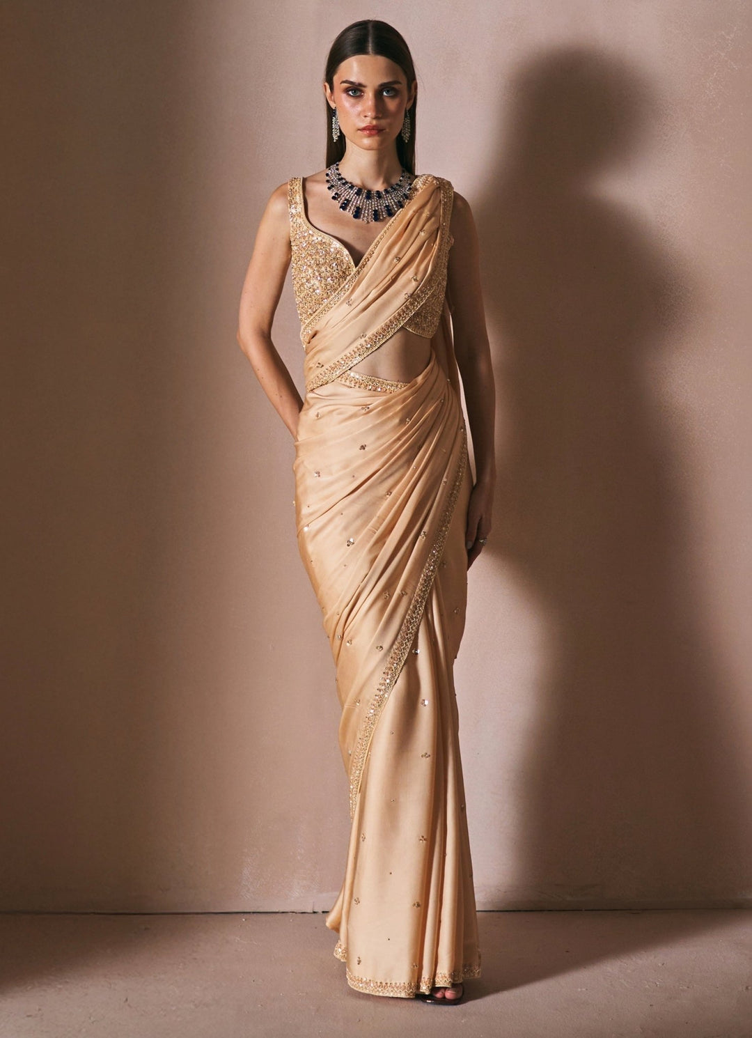 Champagne Gold Embroidered Satin Saree Set Angad Singh - Fabilicious Fashion