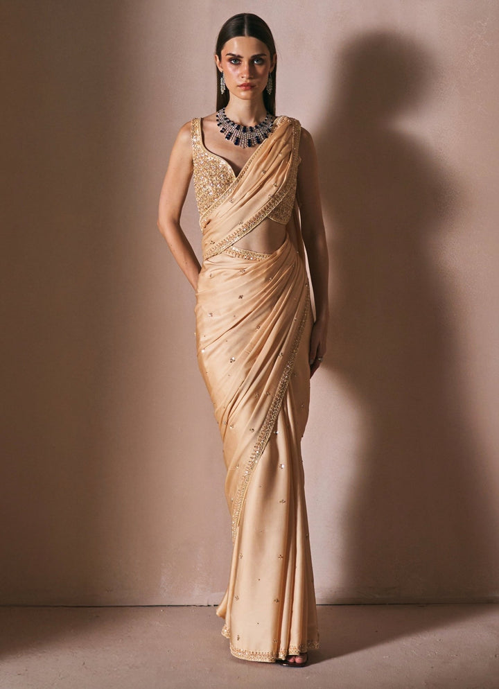Champagne Gold Embroidered Satin Saree Set Angad Singh - Fabilicious Fashion