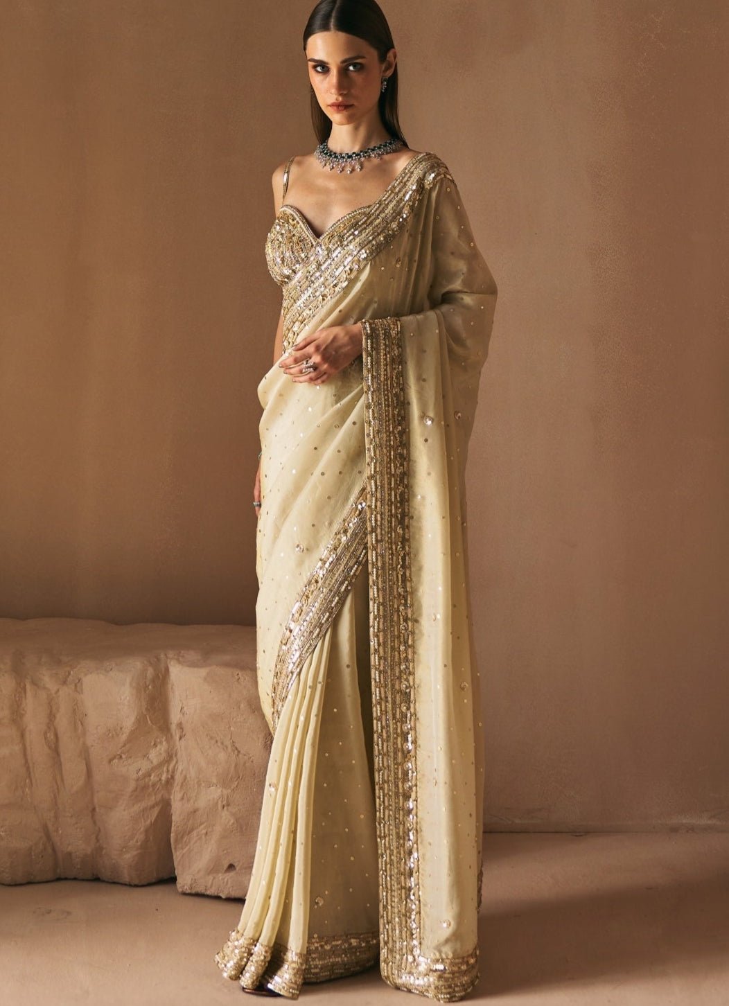 Champagne Gold Embroidered Tissue Saree Set Angad Singh - Fabilicious Fashion
