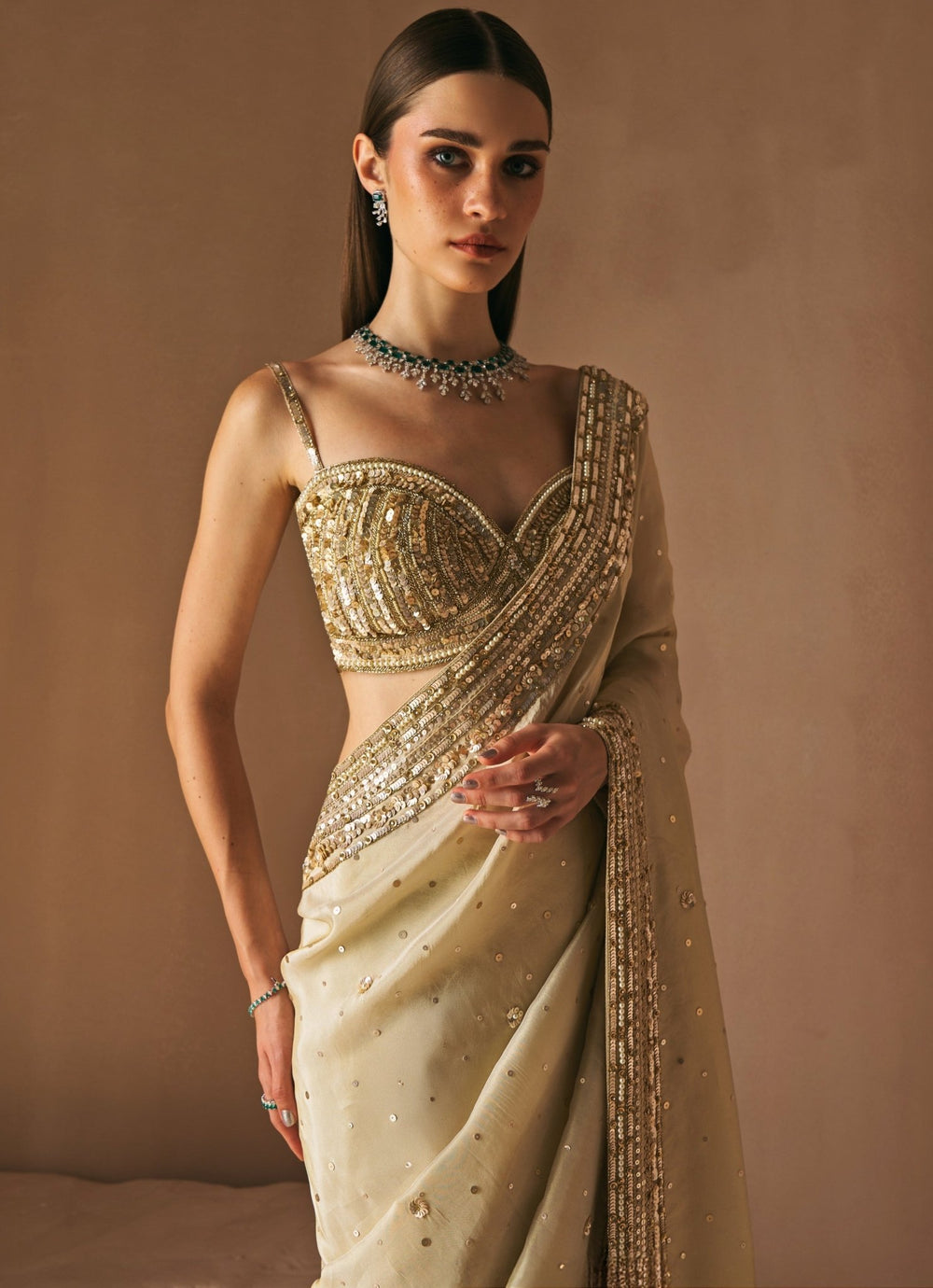 Champagne Gold Embroidered Tissue Saree Set Angad Singh - Fabilicious Fashion