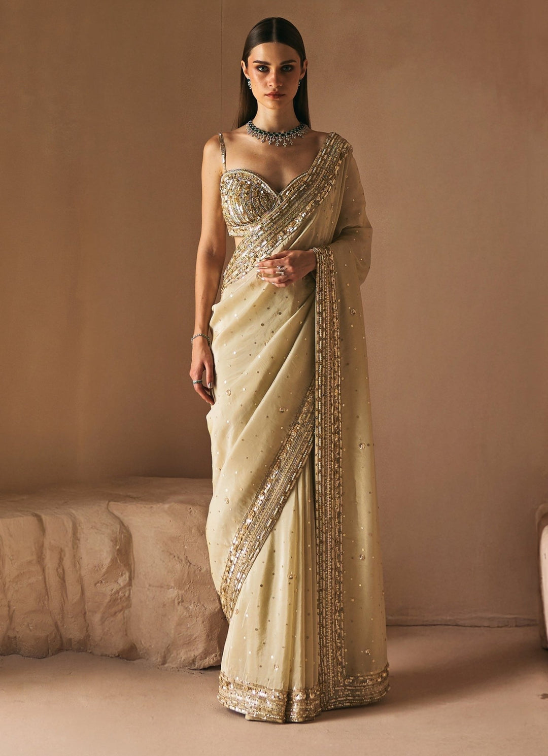 Champagne Gold Embroidered Tissue Saree Set Angad Singh - Fabilicious Fashion
