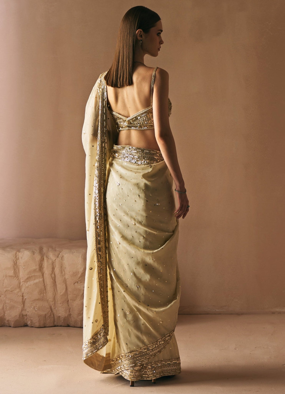 Champagne Gold Embroidered Tissue Saree Set Angad Singh - Fabilicious Fashion
