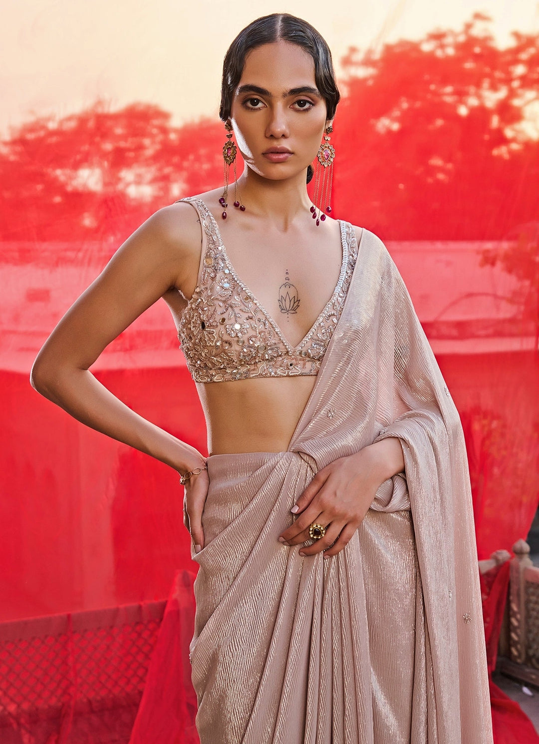 Champagne Gold Georgette Pre - Draped Saree Zoon Tribe - Fabilicious Fashion