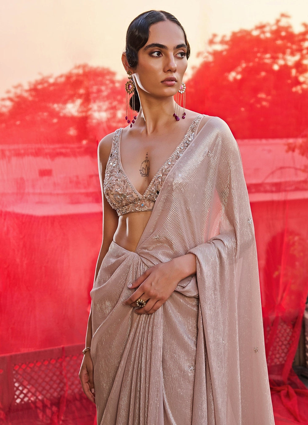 Champagne Gold Georgette Pre - Draped Saree Zoon Tribe - Fabilicious Fashion