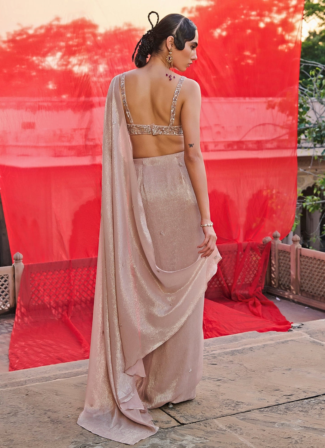 Champagne Gold Georgette Pre - Draped Saree Zoon Tribe - Fabilicious Fashion